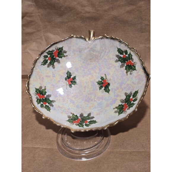 VTG UcagCo Lusterware Iridescent December Holly & Berry Christmas Candy Dish - Picture 1 of 5